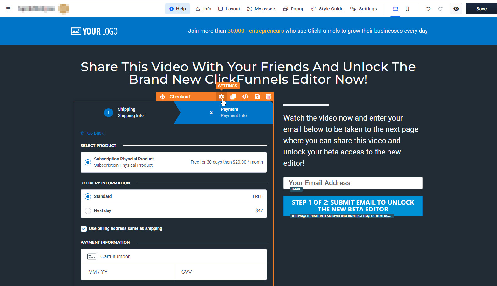 Highlights the Checkout element from the page editor.